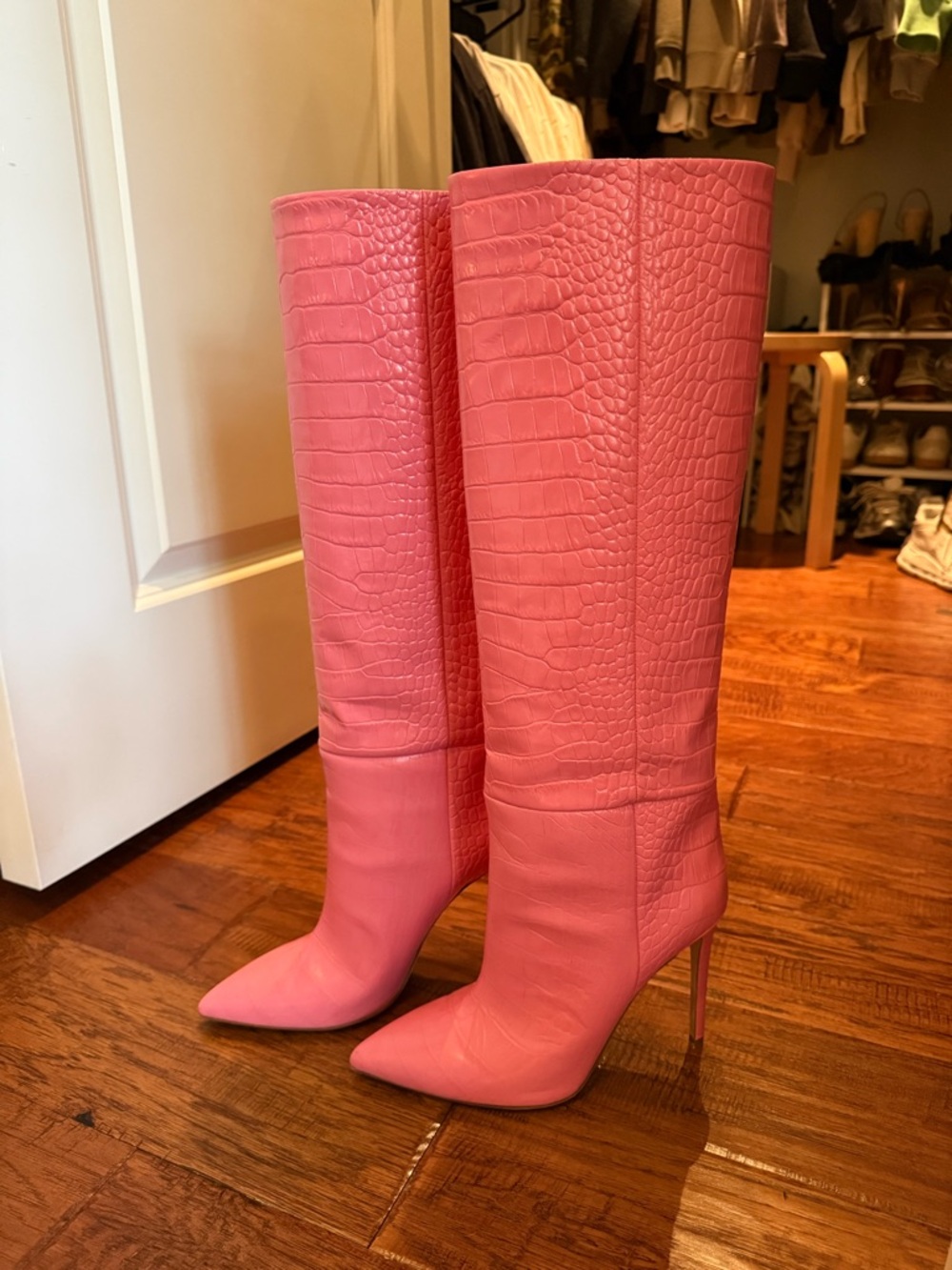 Paris Texas Pink Croc-Embossed Knee-High Stiletto Boots